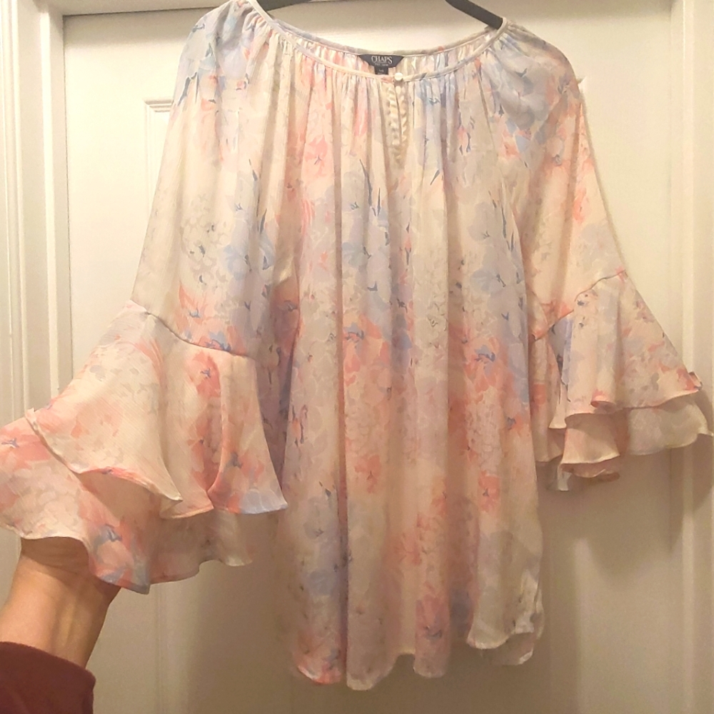 Large Chaps Women's Blouse Floral Pink Blue Flared Sleeve Chiffon Pullover